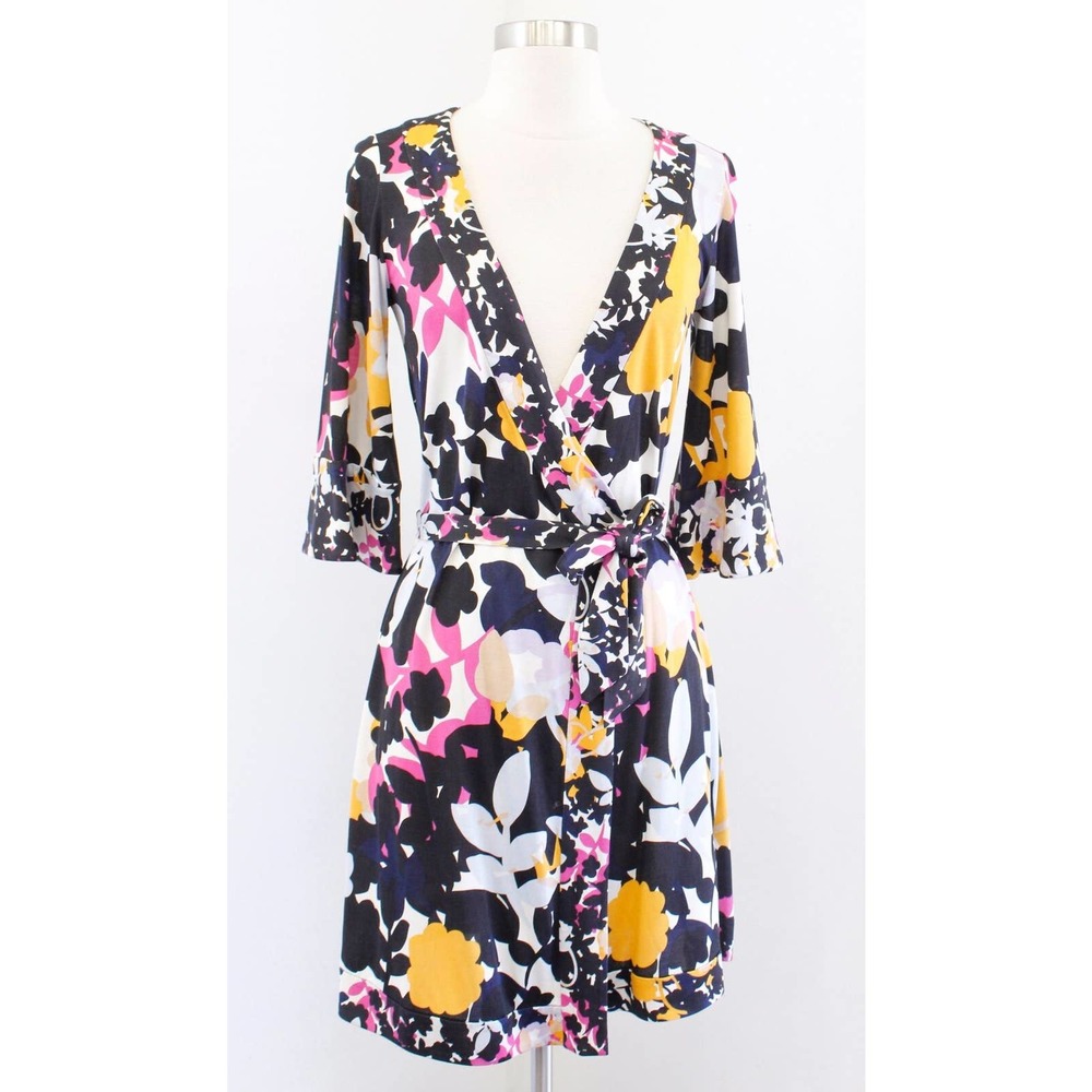 Diane Von Furstenberg Renny Colorful Floral Silk Jersey Wrap Dress Size 2 Black